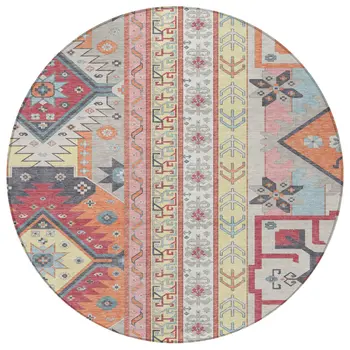 8' Linen Pink And Yellow Round Aztec Washable Indoor Outdoor Area Rug