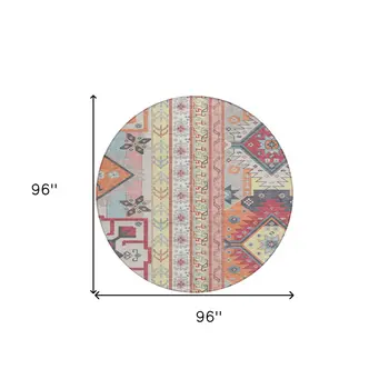 8' Linen Pink And Yellow Round Aztec Washable Indoor Outdoor Area Rug