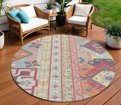 8' Linen Pink And Yellow Round Aztec Washable Indoor Outdoor Area Rug