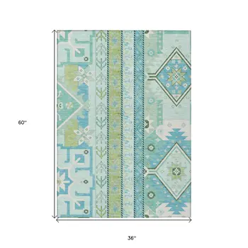 3' X 5' Mint Green Blue And Ivory Aztec Washable Indoor Outdoor Area Rug