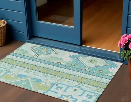 3' X 5' Mint Green Blue And Ivory Aztec Washable Indoor Outdoor Area Rug