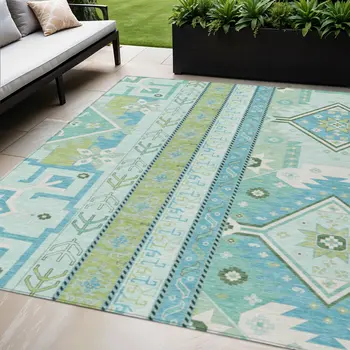 5' X 8' Mint Green Blue And Ivory Aztec Washable Indoor Outdoor Area Rug