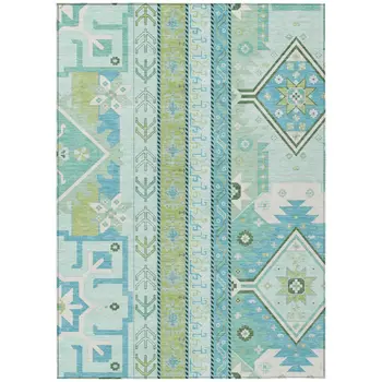 5' X 8' Mint Green Blue And Ivory Aztec Washable Indoor Outdoor Area Rug