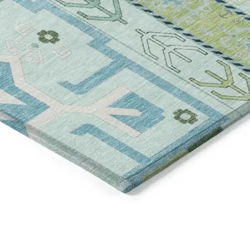 5' X 8' Mint Green Blue And Ivory Aztec Washable Indoor Outdoor Area Rug