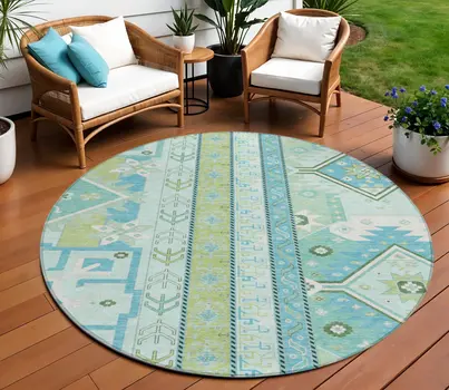 8' Mint Green Blue And Ivory Round Aztec Washable Indoor Outdoor Area Rug