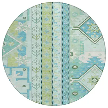 8' Mint Green Blue And Ivory Round Aztec Washable Indoor Outdoor Area Rug