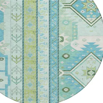 8' Mint Green Blue And Ivory Round Aztec Washable Indoor Outdoor Area Rug