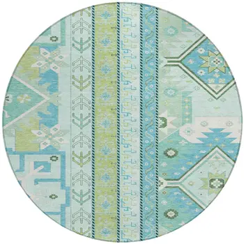 8' Mint Green Blue And Ivory Round Aztec Washable Indoor Outdoor Area Rug