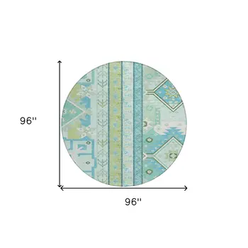 8' Mint Green Blue And Ivory Round Aztec Washable Indoor Outdoor Area Rug