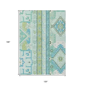 10' X 14' Mint Green Blue And Ivory Aztec Washable Indoor Outdoor Area Rug