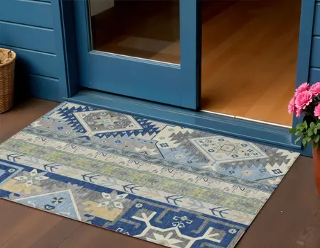 3' X 5' Navy Blue Green And Gray Aztec Washable Indoor Outdoor Area Rug