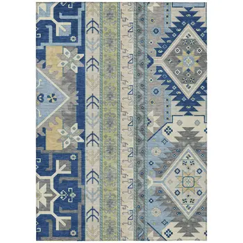 3' X 5' Navy Blue Green And Gray Aztec Washable Indoor Outdoor Area Rug