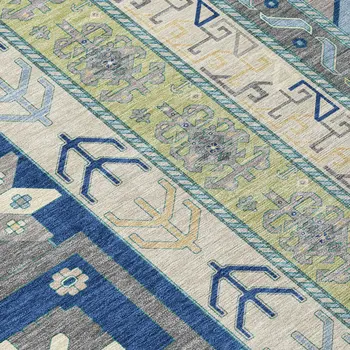 3' X 5' Navy Blue Green And Gray Aztec Washable Indoor Outdoor Area Rug