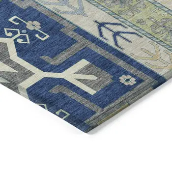 5' X 8' Navy Blue Green And Gray Aztec Washable Indoor Outdoor Area Rug