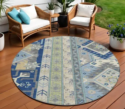 8' Navy Blue Green And Gray Round Aztec Washable Indoor Outdoor Area Rug