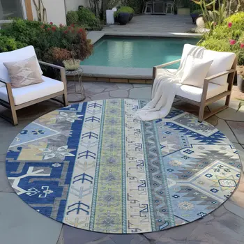 8' Navy Blue Green And Gray Round Aztec Washable Indoor Outdoor Area Rug