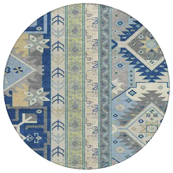 8' Navy Blue Green And Gray Round Aztec Washable Indoor Outdoor Area Rug