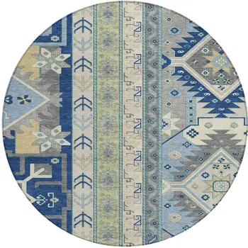8' Navy Blue Green And Gray Round Aztec Washable Indoor Outdoor Area Rug