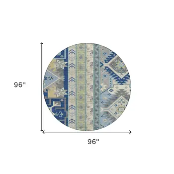 8' Navy Blue Green And Gray Round Aztec Washable Indoor Outdoor Area Rug