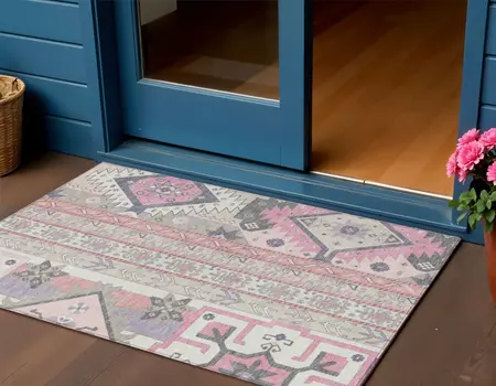 3' X 5' Pink Gray And Ivory Aztec Washable Indoor Outdoor Area Rug