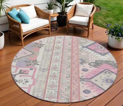 8' Pink Gray And Ivory Round Aztec Washable Indoor Outdoor Area Rug