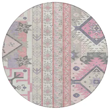 8' Pink Gray And Ivory Round Aztec Washable Indoor Outdoor Area Rug