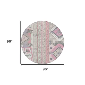 8' Pink Gray And Ivory Round Aztec Washable Indoor Outdoor Area Rug