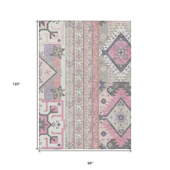 8' X 10' Pink Gray And Ivory Aztec Washable Indoor Outdoor Area Rug