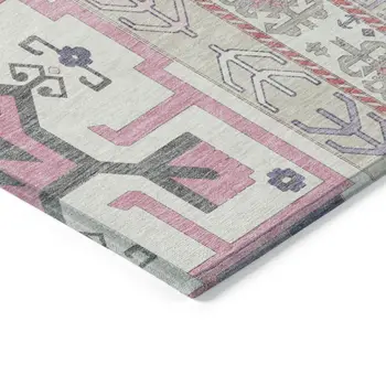8' X 10' Pink Gray And Ivory Aztec Washable Indoor Outdoor Area Rug