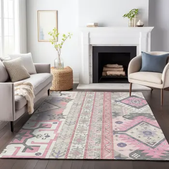8' X 10' Pink Gray And Ivory Aztec Washable Indoor Outdoor Area Rug