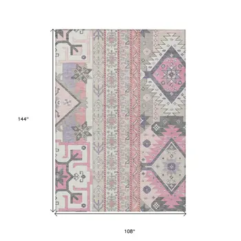 9' X 12' Pink Gray And Ivory Aztec Washable Indoor Outdoor Area Rug
