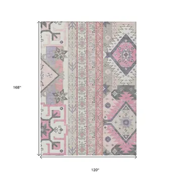 10' X 14' Pink Gray And Ivory Aztec Washable Indoor Outdoor Area Rug