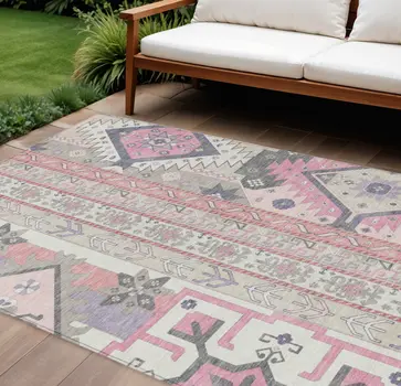 10' X 14' Pink Gray And Ivory Aztec Washable Indoor Outdoor Area Rug