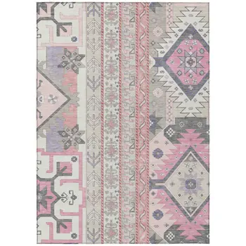 10' X 14' Pink Gray And Ivory Aztec Washable Indoor Outdoor Area Rug