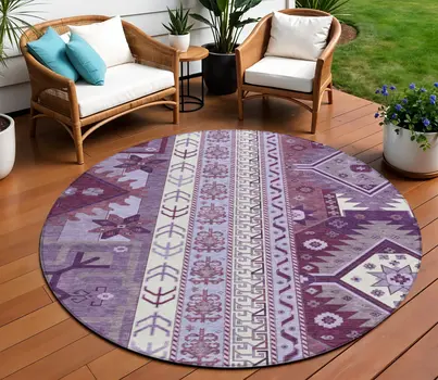8' Purple Lavender And Ivory Round Aztec Washable Indoor Outdoor Area Rug