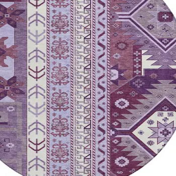 8' Purple Lavender And Ivory Round Aztec Washable Indoor Outdoor Area Rug