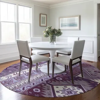 8' Purple Lavender And Ivory Round Aztec Washable Indoor Outdoor Area Rug