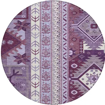 8' Purple Lavender And Ivory Round Aztec Washable Indoor Outdoor Area Rug