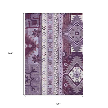 9' X 12' Purple Lavender And Ivory Aztec Washable Indoor Outdoor Area Rug