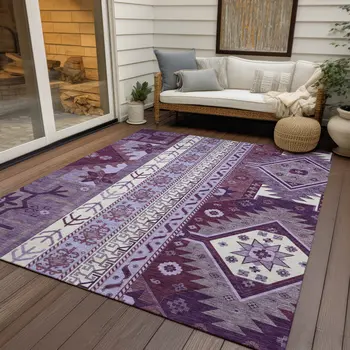 9' X 12' Purple Lavender And Ivory Aztec Washable Indoor Outdoor Area Rug