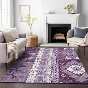 9' X 12' Purple Lavender And Ivory Aztec Washable Indoor Outdoor Area Rug