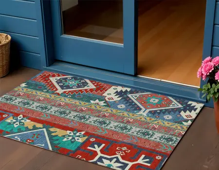 3' X 5' Red Pink And Teal Blue Aztec Washable Indoor Outdoor Area Rug