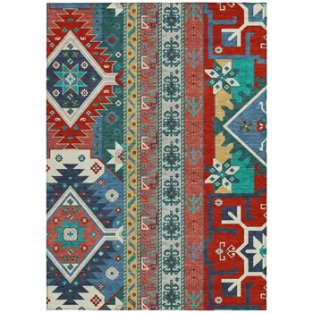 5' X 8' Red Pink And Teal Blue Aztec Washable Indoor Outdoor Area Rug