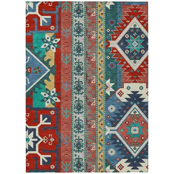 5' X 8' Red Pink And Teal Blue Aztec Washable Indoor Outdoor Area Rug