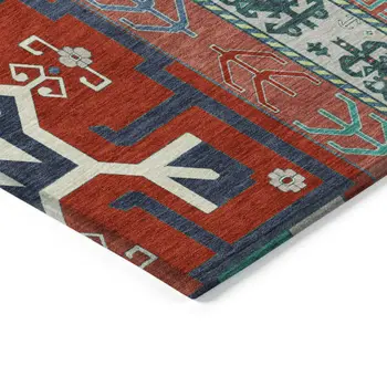5' X 8' Red Pink And Teal Blue Aztec Washable Indoor Outdoor Area Rug