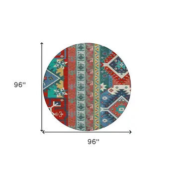 8' Red Pink And Teal Blue Round Aztec Washable Indoor Outdoor Area Rug
