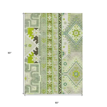5' X 8' Sage Olive Green And Ivory Aztec Washable Indoor Outdoor Area Rug
