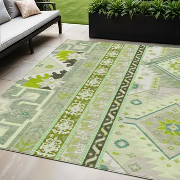 5' X 8' Sage Olive Green And Ivory Aztec Washable Indoor Outdoor Area Rug