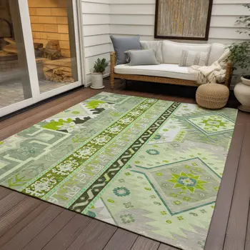 5' X 8' Sage Olive Green And Ivory Aztec Washable Indoor Outdoor Area Rug