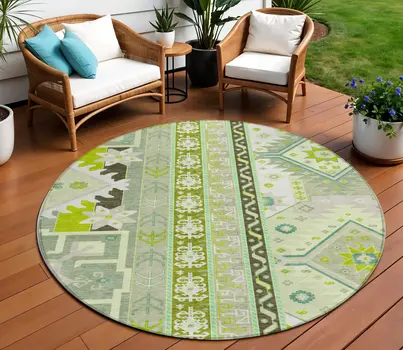 8' Sage Olive Green And Ivory Round Aztec Washable Indoor Outdoor Area Rug